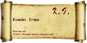 Komán Irma névjegykártya